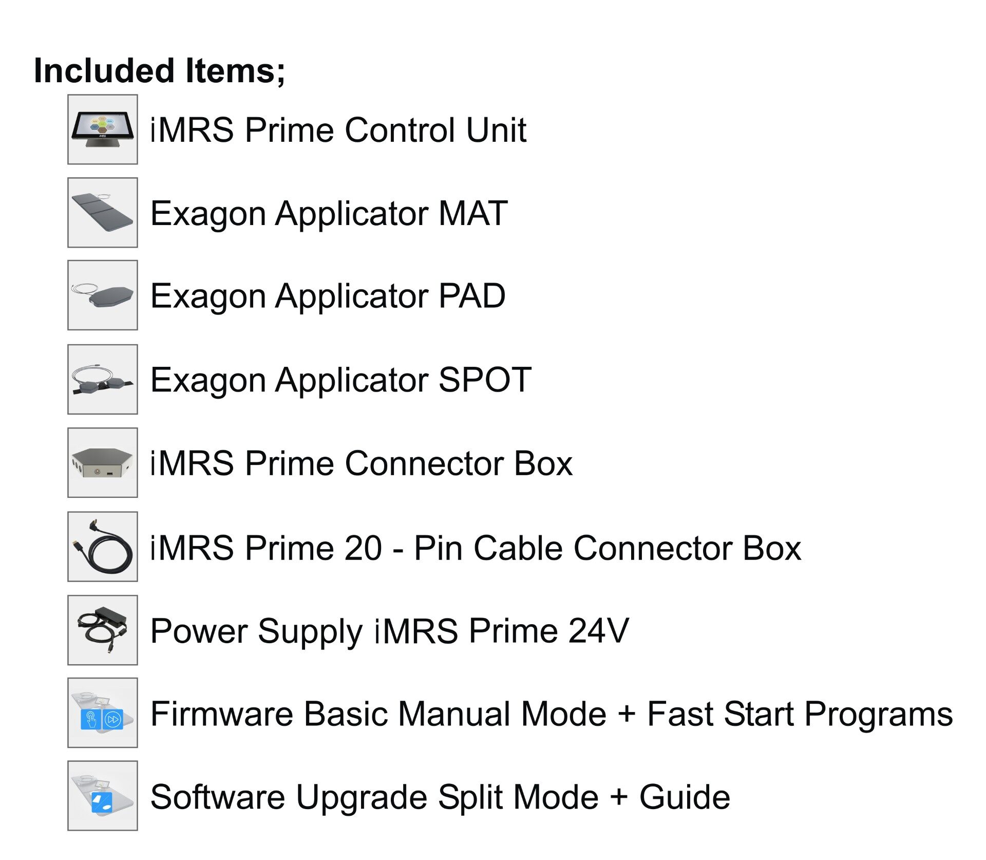 Box showing contents of iMRS Prime PEMF Total March 2026 kit.